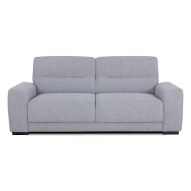 A contemporary three-seater sofa upholstered in a light grey textured fabric, featuring clean lines, track arms, and segmented back cushions. — 3D model