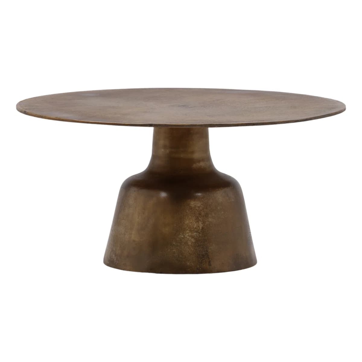 A round accent table with a broad, flat circular top supported by a single, flared pedestal base. The base has a tapered neck leading to a wider, bell-shaped body that tapers inwards towards the bottom. The surface exhibits a distressed metallic finish. — 3D model