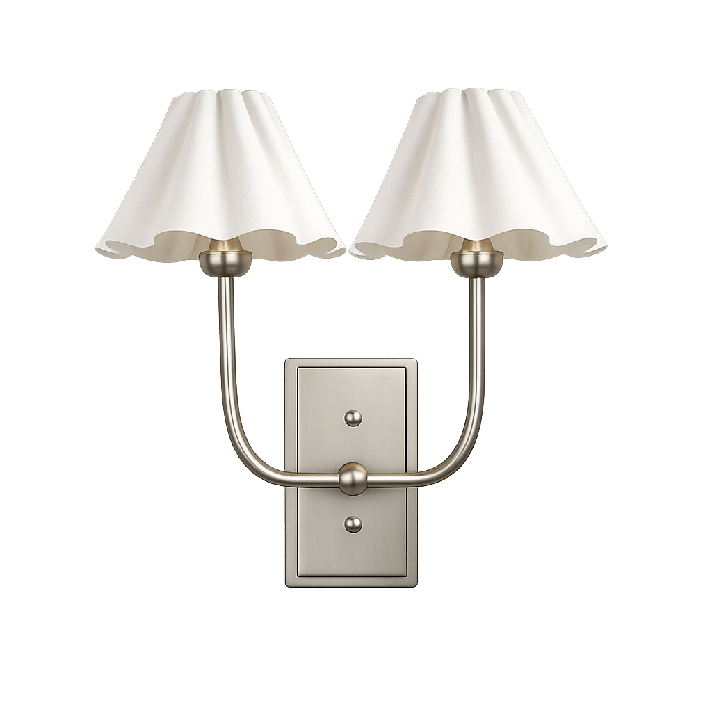 A double-armed wall sconce with two conical, pleated fabric lampshades in white. The arms are made of a brushed metal material, forming a U-shape from the central mounting plate. The mounting plate is rectangular and has two visible screws. A small spherical decorative element is located between the two arms on the mounting plate. — 3D model