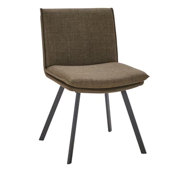 A contemporary dining chair upholstered in a textured brown fabric. The chair features a slightly curved backrest with a subtle vertical seam detail. The seat appears to be padded, and the overall design is sleek and modern. It is supported by four slender, dark-colored legs that taper slightly towards the floor. — 3D model