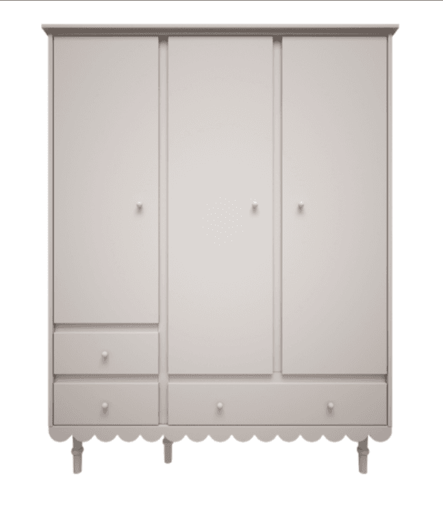 A light grey three-door wardrobe featuring a symmetrical design with three vertical cabinet doors and a combination of drawers at the base. The left section includes two smaller drawers, while the center and right sections share one long drawer. A distinctive scalloped trim adorns the bottom edge of the wardrobe, which is supported by small, turned, tapered legs. Each door and drawer is fitted with a small, round knob. — 3D model