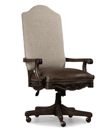 A high-backed office chair featuring a carved wooden base with casters, a central pneumatic lift, and upholstered armrests. The seat and back are upholstered in different materials, with the backrest having a slightly curved, arched top edge and the seat cushion appearing to be made of leather. Decorative nailhead trim is visible along the edges of the upholstery. — 3D model