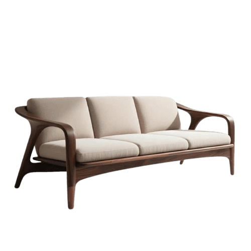 A three-seater sofa featuring a prominent exposed wooden frame with organic, curved lines and three loose seat and back cushions upholstered in a light beige fabric. The wooden frame forms the armrests and legs, providing a visually light yet sturdy appearance. — 3D model