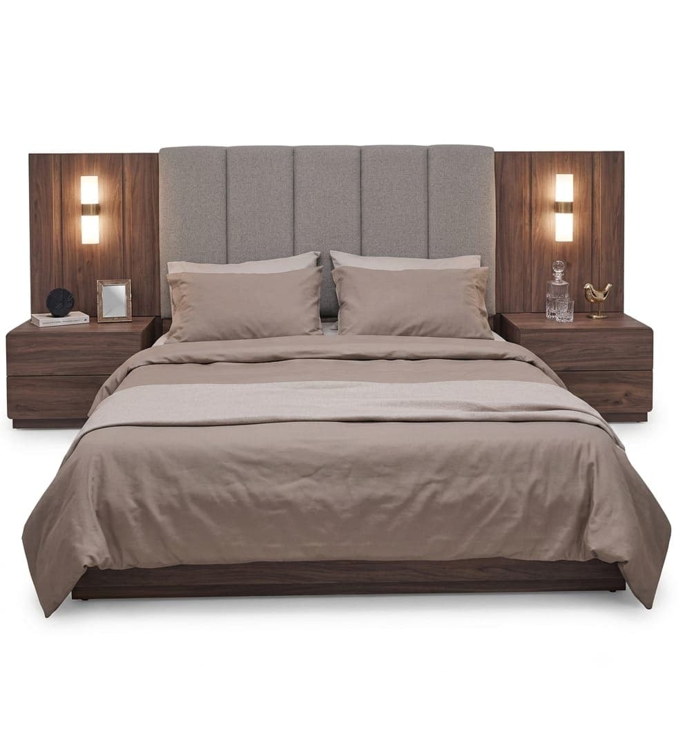 A modern platform bed with an integrated headboard that extends to include attached nightstands and wall sconces. — 3D model