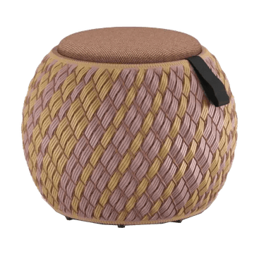 A spherical ottoman with a woven body and a fabric-covered top. The woven body is constructed from alternating strands of light pink and yellow material, forming a diamond pattern. A dark, possibly leather, strap is attached to one side for portability. The top cushion is upholstered in a textured, brown fabric. The base appears to have small, dark feet. — 3D model