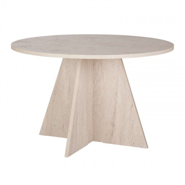 A round table constructed entirely from light-colored travertine, featuring a circular top supported by a sculptural pedestal base formed from intersecting planar elements. — 3D model
