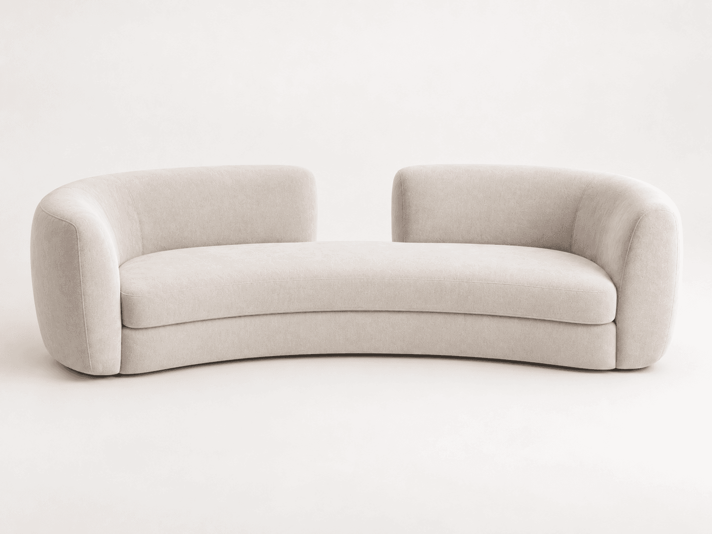 A modern, curved, backless or very low-backed upholstered seating unit in a light neutral color, featuring soft, rounded edges and a continuous base. — 3D model