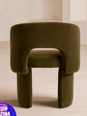 An olive green upholstered armchair featuring a contemporary design with a rounded, barrel-shaped backrest and integrated armrests. The chair is supported by two distinct, sculptural, slab-like legs that form a stable and visually unique base. — 3D model