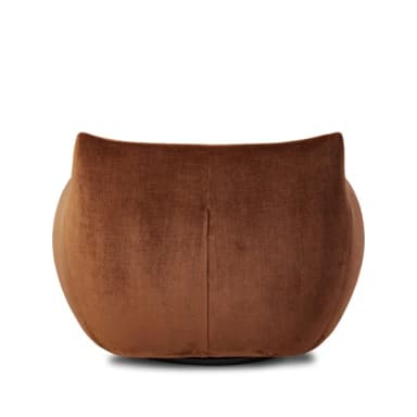 A contemporary lounge chair featuring a distinctive barrel-shaped silhouette, upholstered in a rich, reddish-brown velvet fabric. The chair is characterized by its deep, plush seating and integrated, low-profile armrests and backrest, which form a continuous, enveloping curve, suggesting substantial comfort and a modern aesthetic. It lacks visible legs, appearing to rest directly on a recessed base. — 3D model