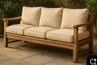 A modern three-seater outdoor sofa constructed from light-colored teak wood with thick, removable beige fabric cushions on both the seat and backrest. The frame features clean lines and wide, flat armrests. — 3D model