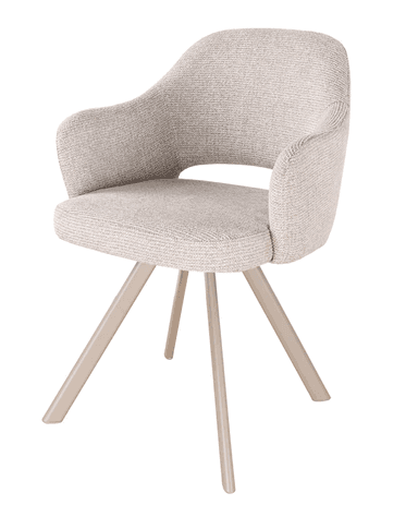 A contemporary armchair with a seamless, enveloping tub-style design. The chair features a continuous upholstered seat, backrest, and integrated armrests. It is covered in a light, textured woven fabric, exhibiting a subtle two-tone pattern. The base consists of four slender, angled metal legs finished in a matte light taupe or tan color, splaying outwards from a central point beneath the seat. The overall aesthetic is minimalist and modern. — 3D model