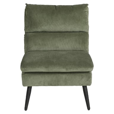 A medium-sized, modern armless lounge chair upholstered in olive green corduroy fabric, featuring separate back and seat cushions and supported by four splayed, tapered black legs. — 3D model