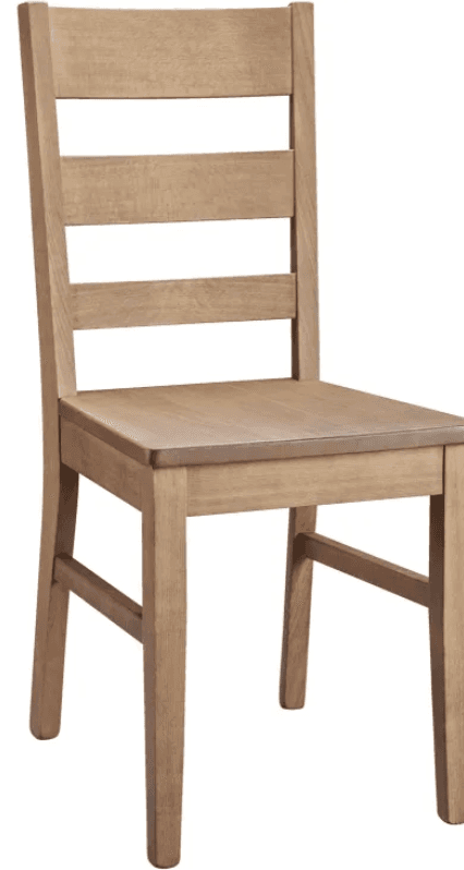 A light-colored solid wood dining chair featuring a ladderback design and a sturdy, flat seat. The chair has straight front legs and slightly splayed back legs, connected by horizontal stretchers for stability. The wood grain is visible through a light, possibly distressed or whitewashed finish. — 3D model