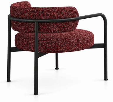 An industrial-style armchair featuring a black tubular metal frame and deep red-brown, textured fabric upholstery on separate seat and back cushions. The armrests are integrated into the continuous frame structure. — 3D model