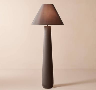 A modern floor lamp featuring a tapering conical base and a matching conical fabric shade, all in a matte dark brown finish. — 3D model