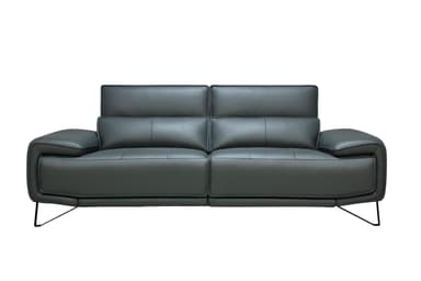 A dark gray two-seater sofa, featuring a contemporary aesthetic. The design is characterized by its distinct, modular block-style back and seat cushions. The sofa is upholstered in a textured material resembling leather or high-quality faux leather, detailed with precise stitching that outlines the individual cushion sections. It is supported by thin, angular black metal legs, contributing to its minimalist and elevated appearance. — 3D model
