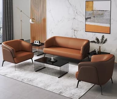 A modern two-seater sofa featuring rich cognac-colored leather upholstery and slender black metal legs. The design is characterized by integrated, gently sloped armrests that flow seamlessly into the backrest, creating a sleek and cohesive profile. The seating area is composed of a single, continuous cushion, contributing to its minimalist aesthetic. The overall appearance is contemporary and sophisticated. — 3D model