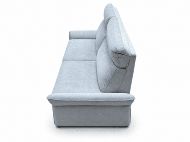A light blue, contemporary three-seater sofa featuring plush upholstered cushions, integrated adjustable headrests, and rounded armrests, presented with a clean, solid base. — 3D model
