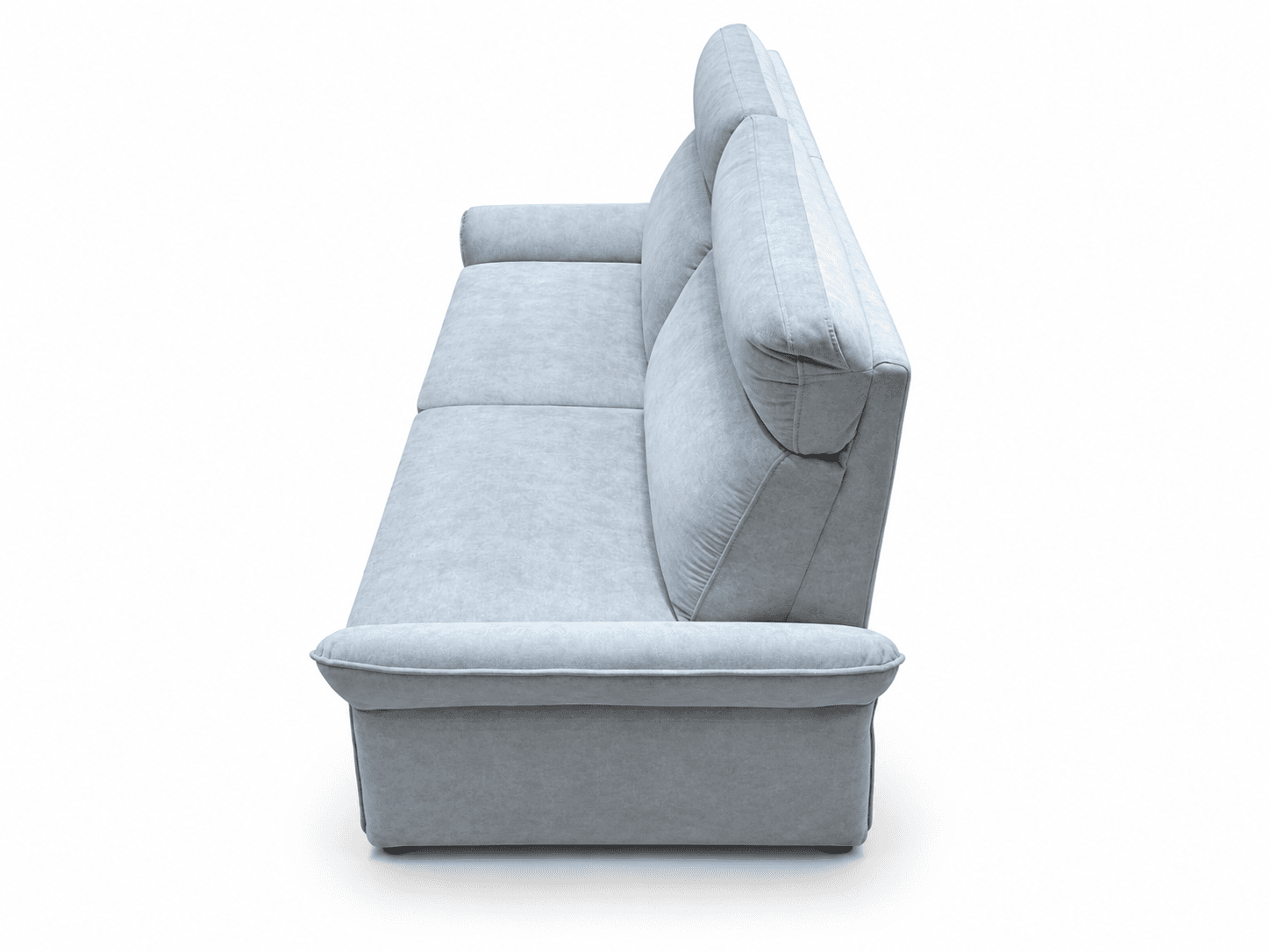 A light blue, contemporary three-seater sofa featuring plush upholstered cushions, integrated adjustable headrests, and rounded armrests, presented with a clean, solid base. — 3D model