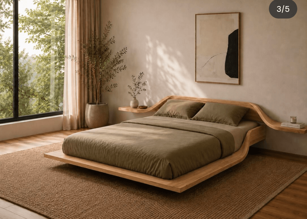 A modern, low-profile platform bed crafted from light-toned wood, featuring a unique, sculptural headboard that gracefully curves upwards and extends outwards to form integrated side shelves. The bed frame provides a floating appearance, with the mattress resting directly on the platform. It is dressed with olive green linen bedding, complementing the natural wood finish and the serene bedroom setting. — 3D model