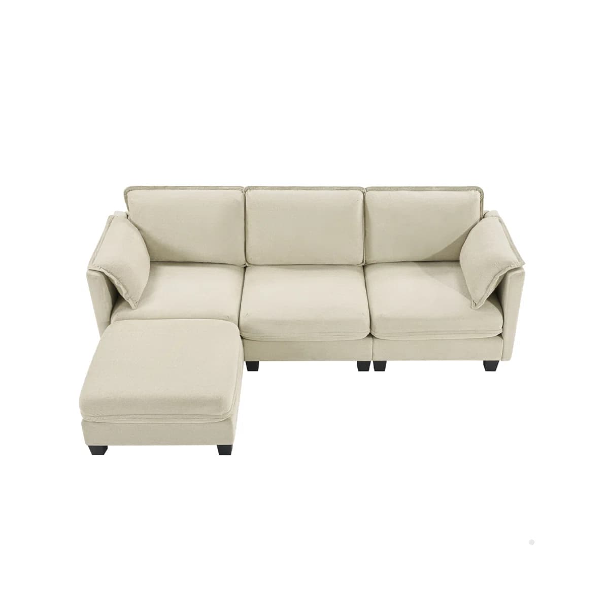 A contemporary modular sectional sofa in a light beige or off-white fabric, configured as a three-seater with an integrated left-hand chaise lounge. It features plush back and seat cushions, wide sloped armrests, and rests on short, dark square legs. — 3D model