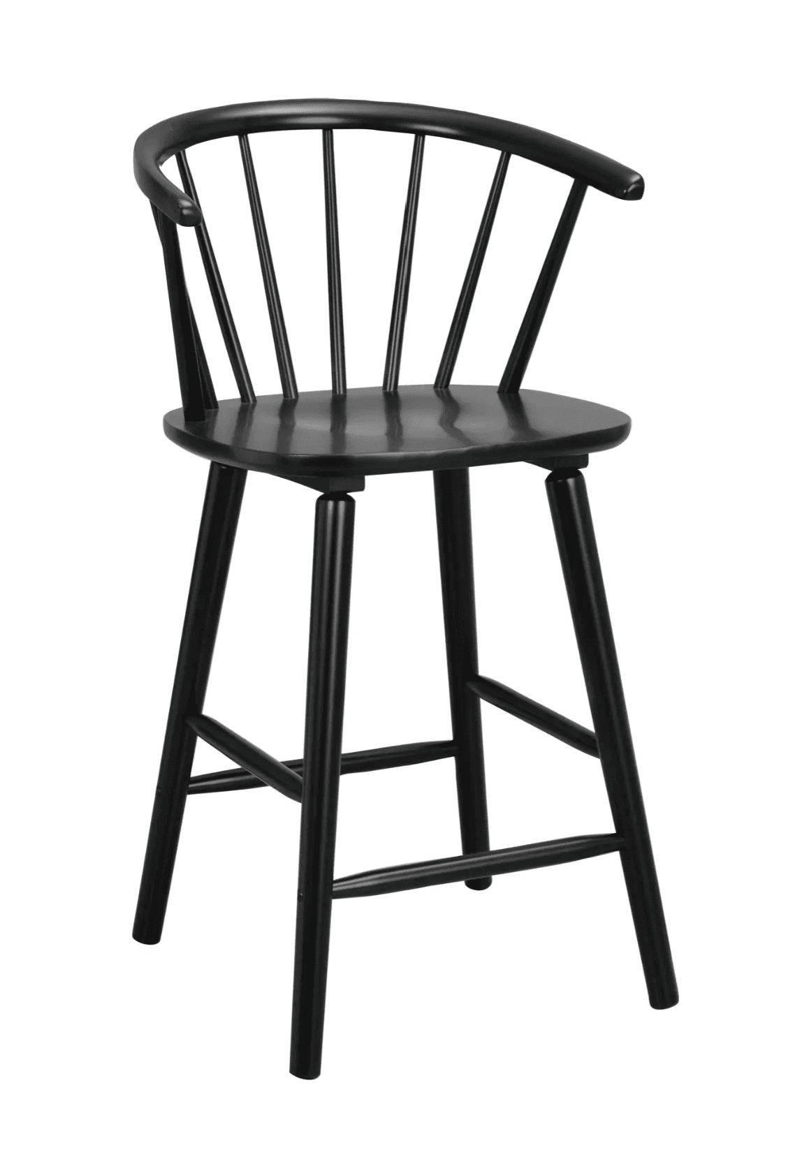 A black wooden bar stool with a curved spindle back and armrests. It features a circular seat supported by four tapered legs connected by crossbars for stability. The stool has a classic Windsor-inspired design. — 3D model