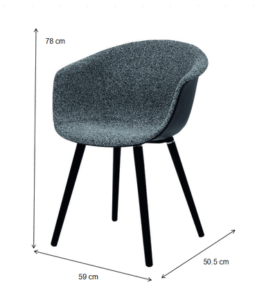 A contemporary dining armchair featuring a molded shell seat and back, fully upholstered in a speckled dark grey fabric, supported by four splayed, tapered black legs. — 3D model