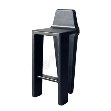 A modern black-stained oak bar stool featuring a minimalist design with an integrated backrest. The stool has a square seat and four robust, slightly tapered legs. A single metal footrest bar connects the front legs. The wood grain is visible beneath the black finish. — 3D model