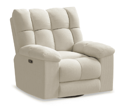 A modern upholstered recliner chair with a swivel base, plush segmented cushioning, padded arms, and an integrated control panel, rendered in a light cream textured fabric. — 3D model