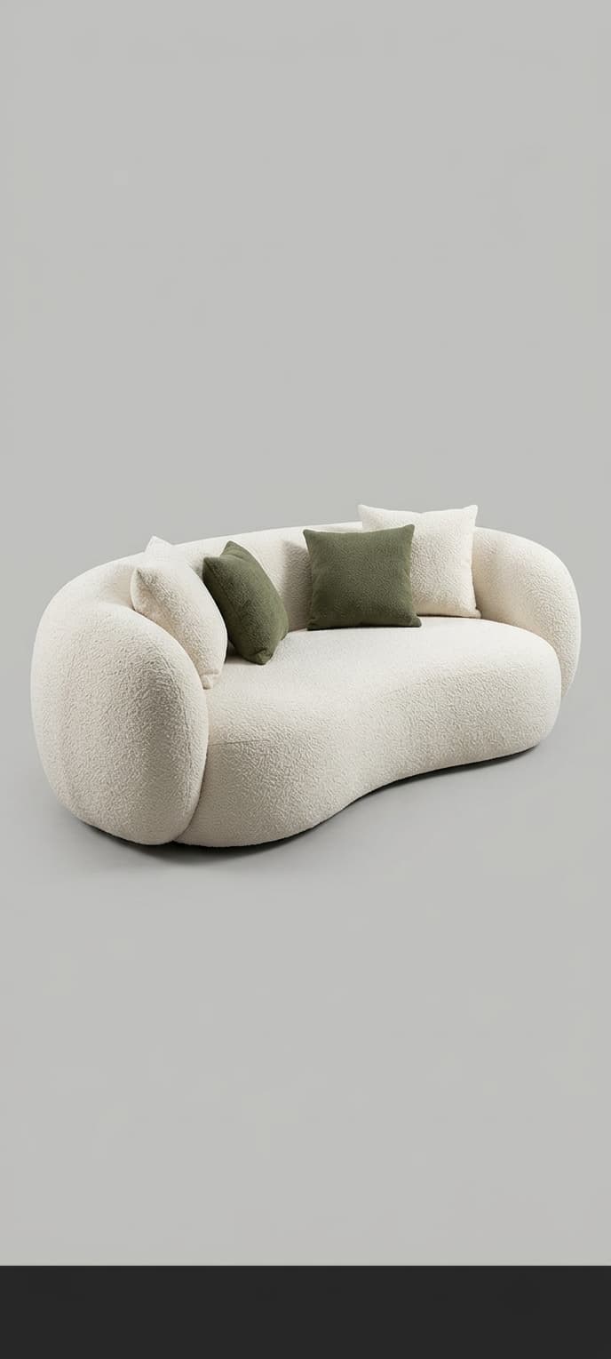 A contemporary, organic-shaped sofa upholstered in a light cream-colored boucle fabric, featuring a curvilinear form with integrated rounded armrests and a low-profile base. It is adorned with several throw pillows, some matching the sofa's fabric and others in a contrasting olive green. — 3D model