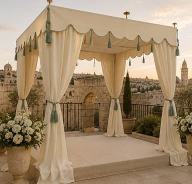 A decorative outdoor gazebo featuring a cream-colored fabric canopy with a scalloped edge and green tassel embellishments. It is supported by four golden posts topped with finials. Matching cream drapes are tied back to the posts with green tassels. The structure is set upon a raised, tiled platform with two steps, and is flanked by two potted green plants with white flowers. — 3D model