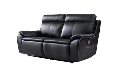A two-seater reclining loveseat upholstered in black faux leather with visible white contrast stitching. It features padded armrests, backrests, and seat cushions. A control button for the reclining mechanism is visible on the right armrest. — 3D model