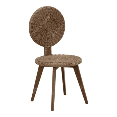 An armless side chair featuring a circular backrest and seat, both meticulously crafted from tightly woven natural rope or jute. The chair is supported by four tapered, splayed wooden legs, likely in a medium brown finish. Its design emphasizes natural textures and a modern, minimalist form. — 3D model