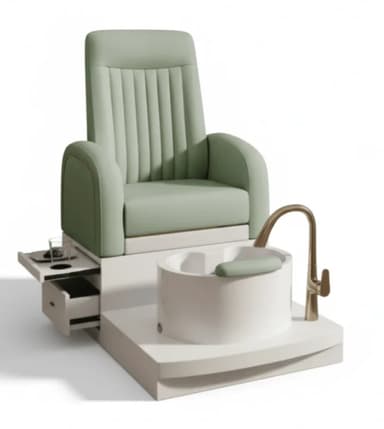 A contemporary pedicure spa chair unit, featuring a sage green upholstered armchair, a white integrated foot bath with a gold-finished faucet, and a pull-out side table with a drawer. The chair has vertical channel tufting on the backrest and rounded armrests. The circular foot bath includes a matching sage green footrest cushion. The entire unit is mounted on a sleek, white base. — 3D model
