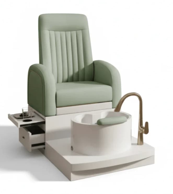A contemporary pedicure spa chair unit, featuring a sage green upholstered armchair, a white integrated foot bath with a gold-finished faucet, and a pull-out side table with a drawer. The chair has vertical channel tufting on the backrest and rounded armrests. The circular foot bath includes a matching sage green footrest cushion. The entire unit is mounted on a sleek, white base. — 3D model