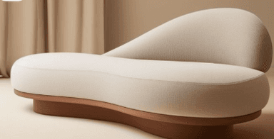 A modern, sculptural chaise lounge featuring an organic, undulating form. The main body and an integrated, flowing backrest are upholstered in a light, textured fabric, resting on a subtly curved, reddish-brown wooden base. The design emphasizes fluid lines and natural shapes. — 3D model