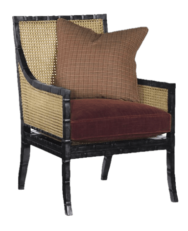 An armchair featuring a black, faux bamboo-style wooden frame. The backrest and side panels incorporate natural cane webbing. It is fitted with a deep maroon fabric seat cushion and a patterned brown fabric back cushion, both appearing removable. The chair has open armrests and straight legs, maintaining a transitional aesthetic with Chinoiserie influences. — 3D model