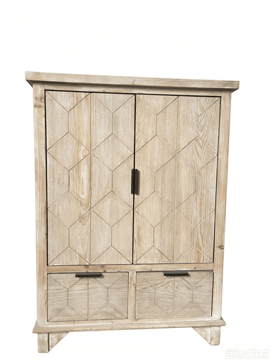 A light-toned wooden storage cabinet featuring two upper cabinet doors and two lower drawers. The entire facade, including doors and drawers, is adorned with an etched or carved geometric pattern composed of interlocking trapezoids and rectangles. The cabinet is finished in a natural, light wood tone, showcasing visible wood grain. It is equipped with minimalist black bar handles for both the doors and drawers. The cabinet stands on short, subtly flared feet, providing a slight elevation from the floor. — 3D model