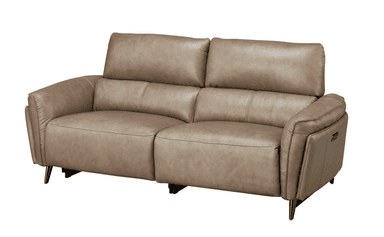 A contemporary two-seater reclining sofa upholstered in taupe-colored leather, featuring plush segmented backrests, padded armrests, and exposed dark metal legs. — 3D model