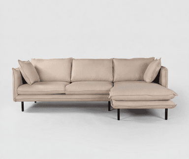 A modern sectional sofa with an integrated chaise lounge, upholstered in a light beige textured fabric, supported by slender black metal legs. — 3D model
