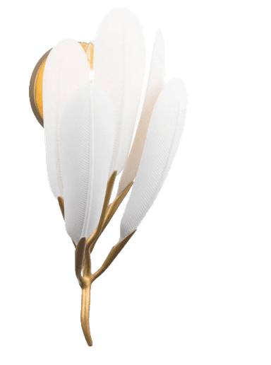 A decorative wall sconce designed to resemble a cluster of stylized feathers or leaves. The main body features multiple white, elongated elements with textured lines, possibly made of frosted glass or plastic, fanning outwards from a central golden stem structure. The stem is multi-branched, with a curved, organic form. The sconce appears to be designed for illumination, with internal light sources likely situated behind the white elements. — 3D model