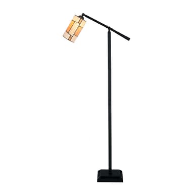 An adjustable floor lamp featuring a black metal base and stem, and a rectangular-shaped shade constructed from stained glass panels in amber, cream, and orange hues, arranged in a geometric pattern. The lamp's arm can be angled, directing light from the Tiffany-style shade. — 3D model