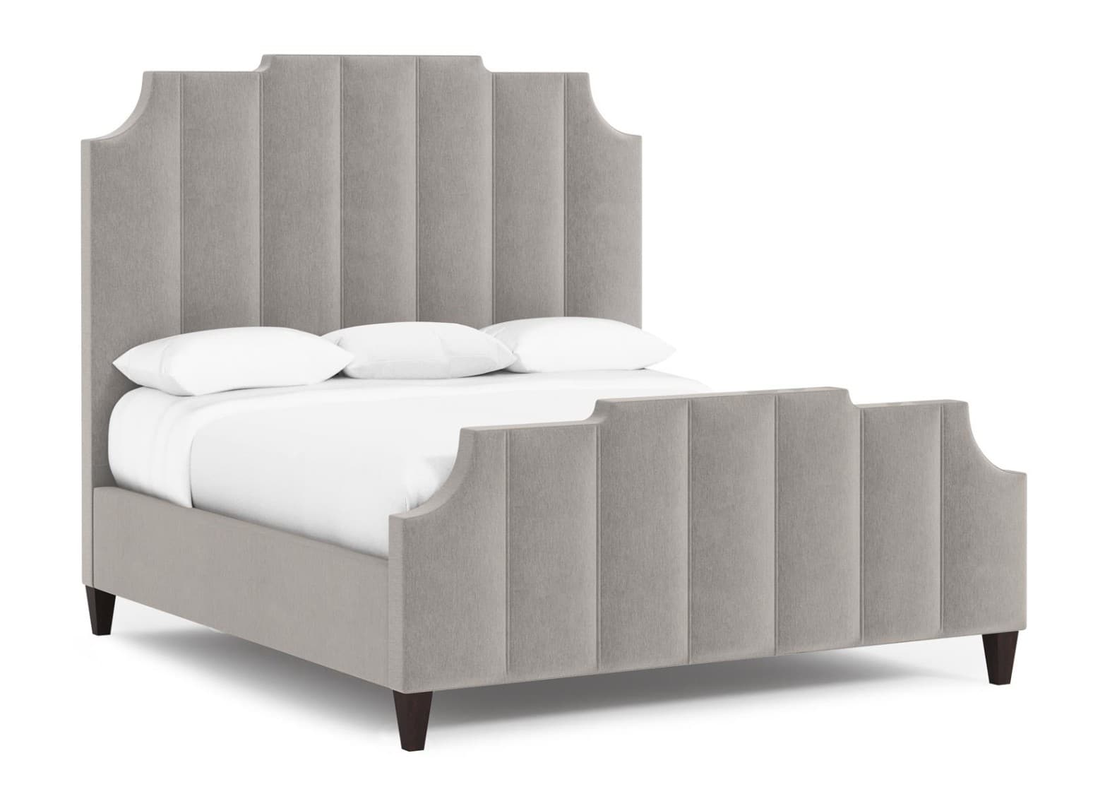 An elegant upholstered bed featuring a distinctive scalloped headboard and footboard. The entire frame, including the headboard and footboard, is covered in a light grey fabric, possibly velvet or a soft woven material. Both the headboard and footboard display vertical channel paneling, adding texture and a structured aesthetic. The bed is elevated by four dark, tapered wooden legs. — 3D model