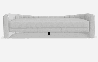 A contemporary sofa with a geometric patterned upholstery. The sofa features a low profile with rounded armrests that curve into the backrest. The seat and back cushions are integrated into a single, continuous surface. The upholstery has a repeating pattern of beige and off-white horizontal and vertical lines forming rectangular shapes. — 3D model