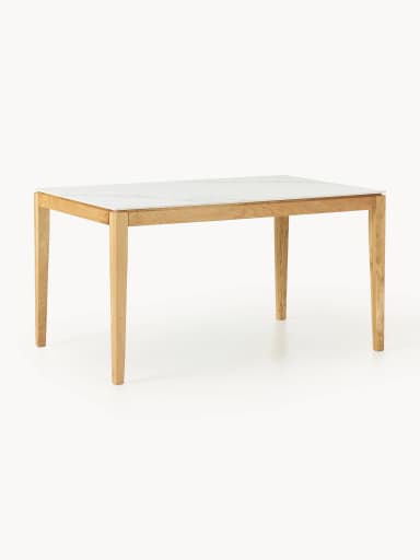A modern rectangular dining table featuring a white top with grey marble-like veining, supported by four straight, slightly tapered legs made of light-colored solid wood. The design is minimalist and contemporary. — 3D model