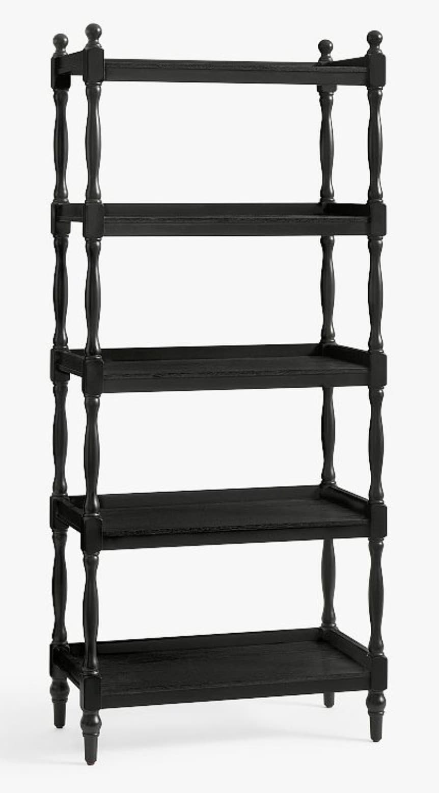 A tall, narrow, open bookcase with four shelves. The unit is constructed with vertical supports that feature turned detailing, and each shelf is a solid horizontal plane. The top of the unit is capped with decorative finials. — 3D model