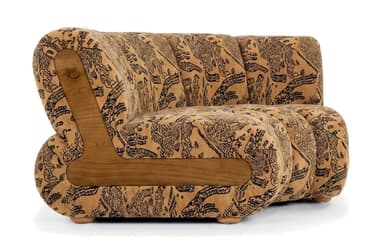 A two-seater sofa featuring a distinctive organic, rounded form and a unique patterned upholstery. It has visible light-toned wooden elements on its base and side cutouts. — 3D model