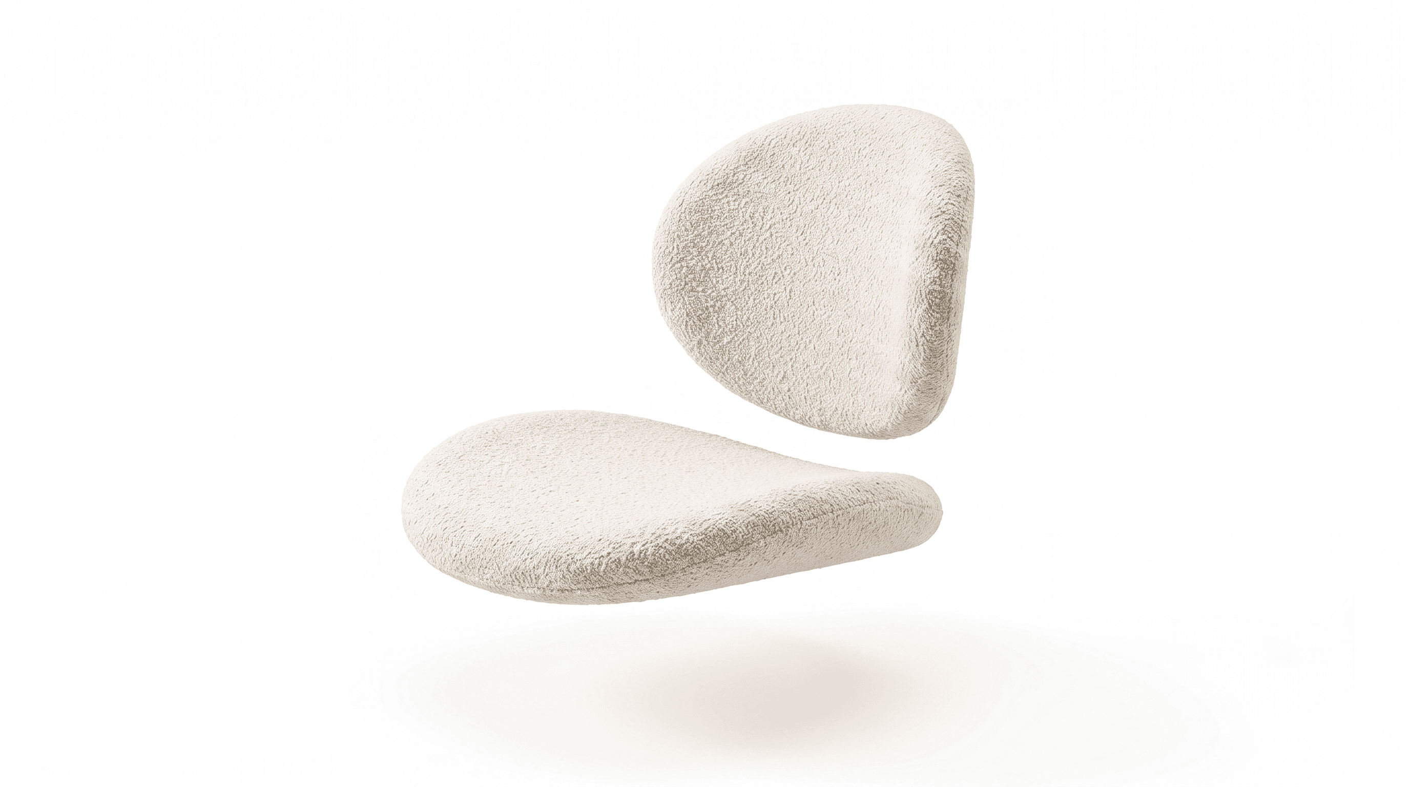 A modern, armless ergonomic chair design featuring two distinct, organically shaped cushions, one for the seat and one for the backrest. The cushions are upholstered in a textured, light-colored bouclé fabric and are depicted floating, implying a minimalist or conceptual design where the supporting structure is not visible, highlighting the sculptural form. — 3D model