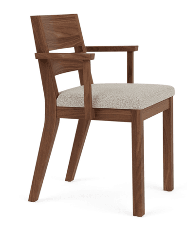 A modern armchair constructed from dark brown wood, featuring a light grey upholstered seat. The chair has a minimalist design with straight front legs and gently curved back legs. The backrest is composed of a solid top rail and a lower horizontal slat, complementing the straight armrests. — 3D model