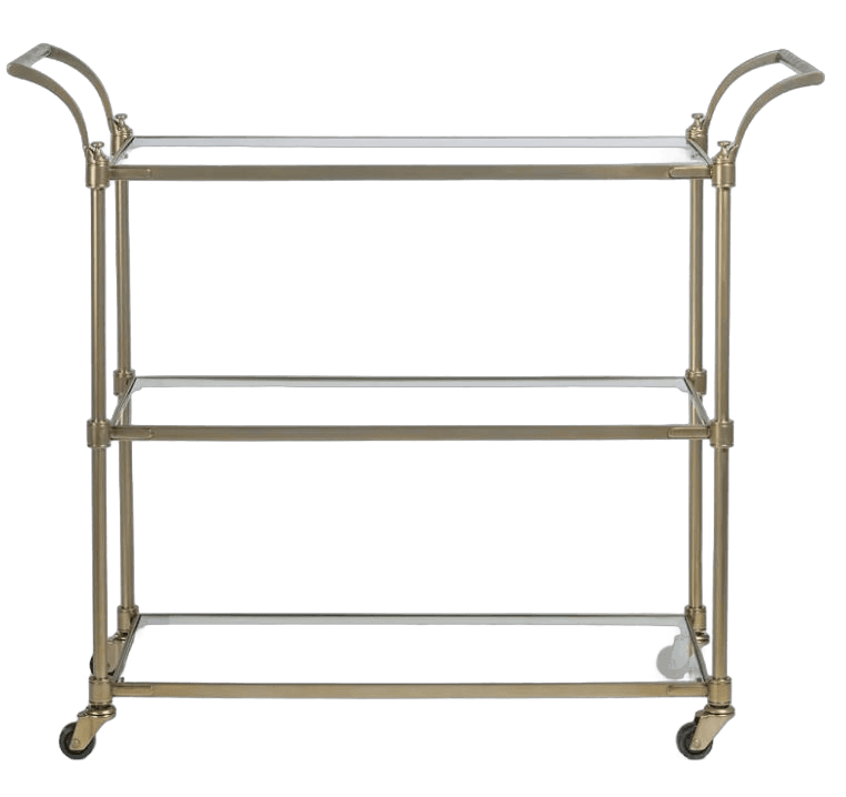 A sophisticated three-tier serving cart featuring a polished brass frame and clear glass shelves, designed for mobility and display. It has curved handles on both ends and is equipped with casters for easy movement. — 3D model